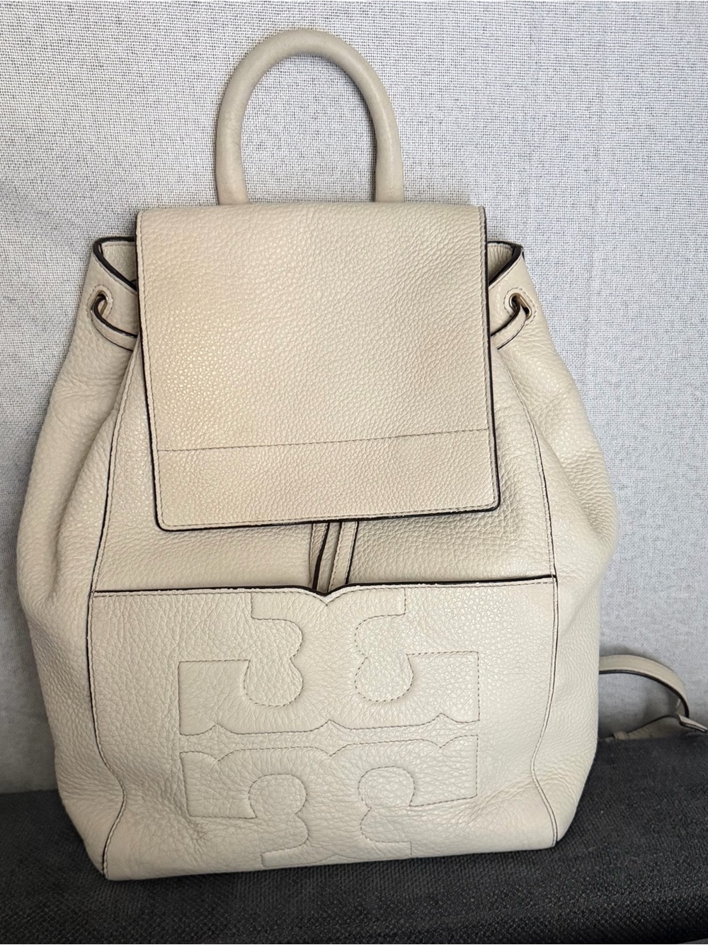 Tory Burch Cream Pebbled Leather Backpack with Embossed Logo